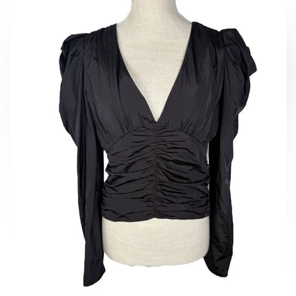 DO + BE Black Puff Shoulder Ruched V Neck Long Sleeve Cropped Top - Picture 1 of 8